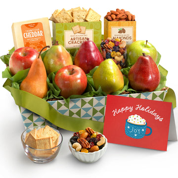 A Gift Inside Fruitfully Classic Happy Holidays Fresh Fruit Basket With Cheese And Nuts