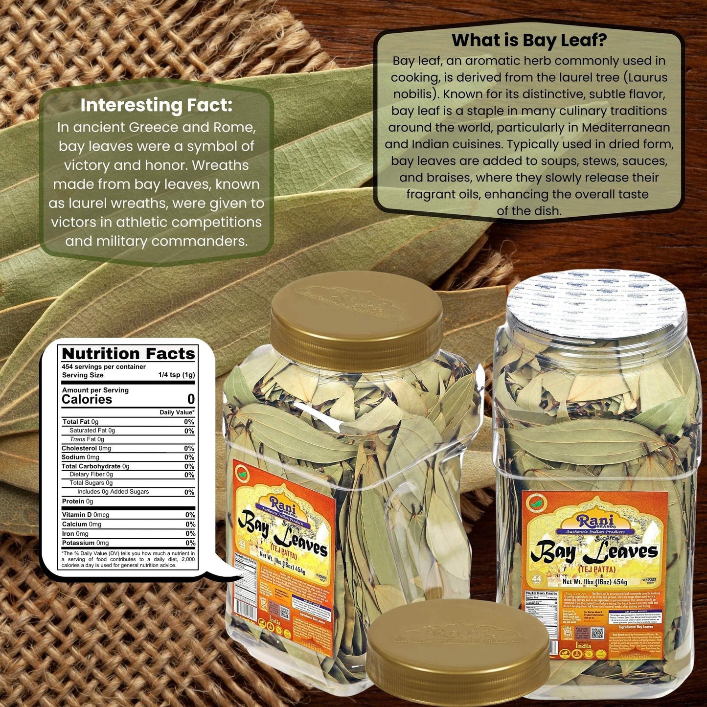 Rani Bay Leaf (Leaves) Whole Spice Hand Selected Extra Large 16Oz (1Lb) 454G Bulk Pet Jar ~ All Natural | Gluten Friendly | Non-Gmo | Kosher | Vegan | Indian Origin (Tej Patta)