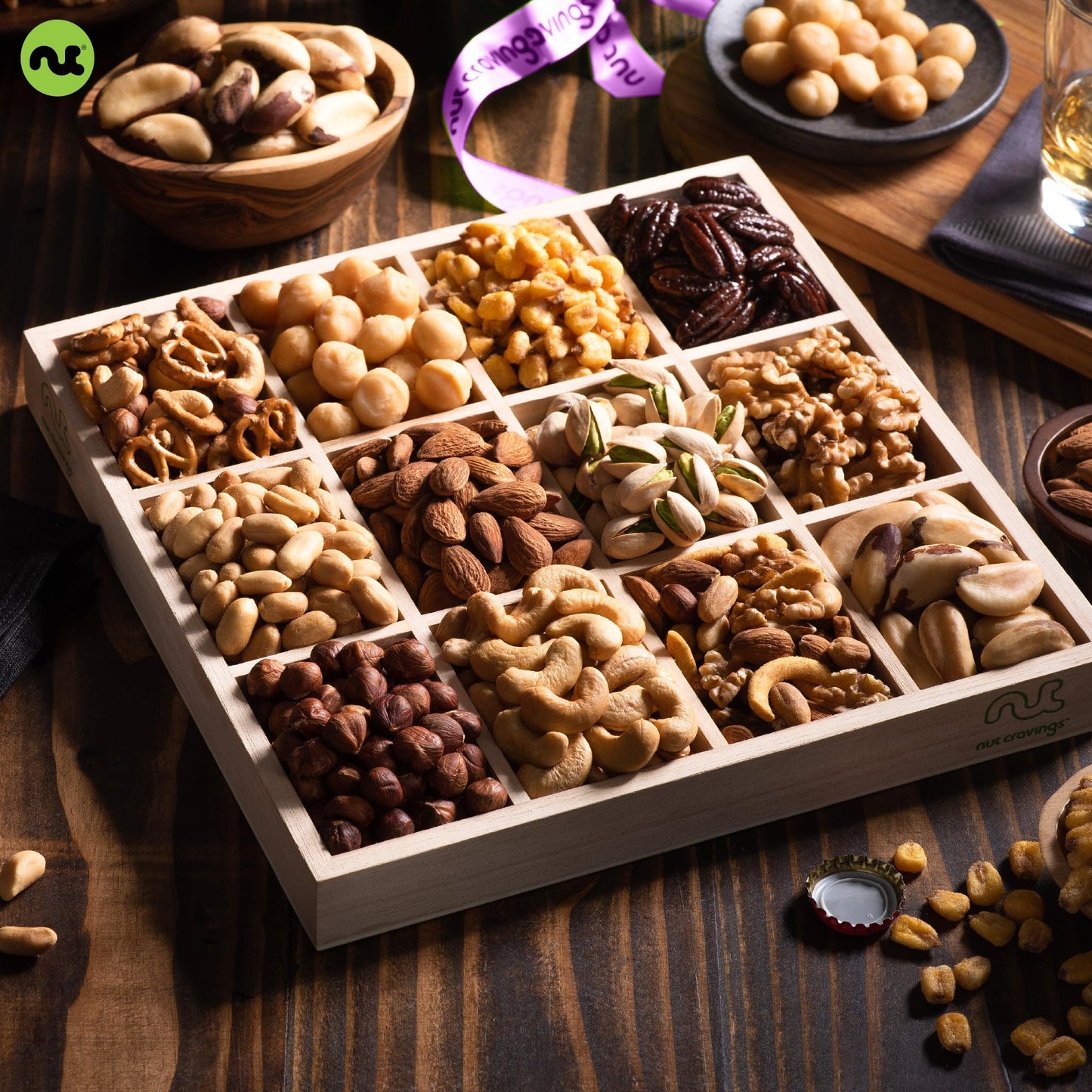 Nut Cravings Gourmet Collection - Thinking Of You, Nuts Gift Basket With Thinking Of You Ribbon + Greeting Card In Reusable Wood