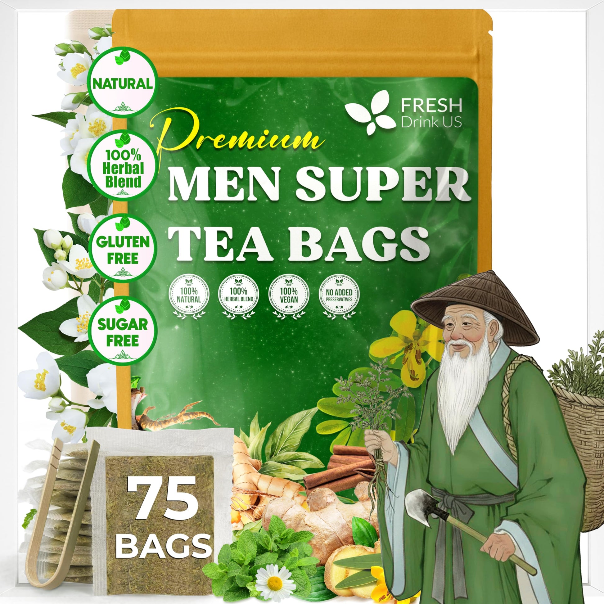 Freshdrinkus  Top-Grade 75 Tea Bags Men Super Tea - Herbal Blend With Senna  Dandelion Root  Flavor Blendger  Peppermint & More - 100% Natural  Sugar-Free. Energy Blend-Free. Gluten-Free. Vegan