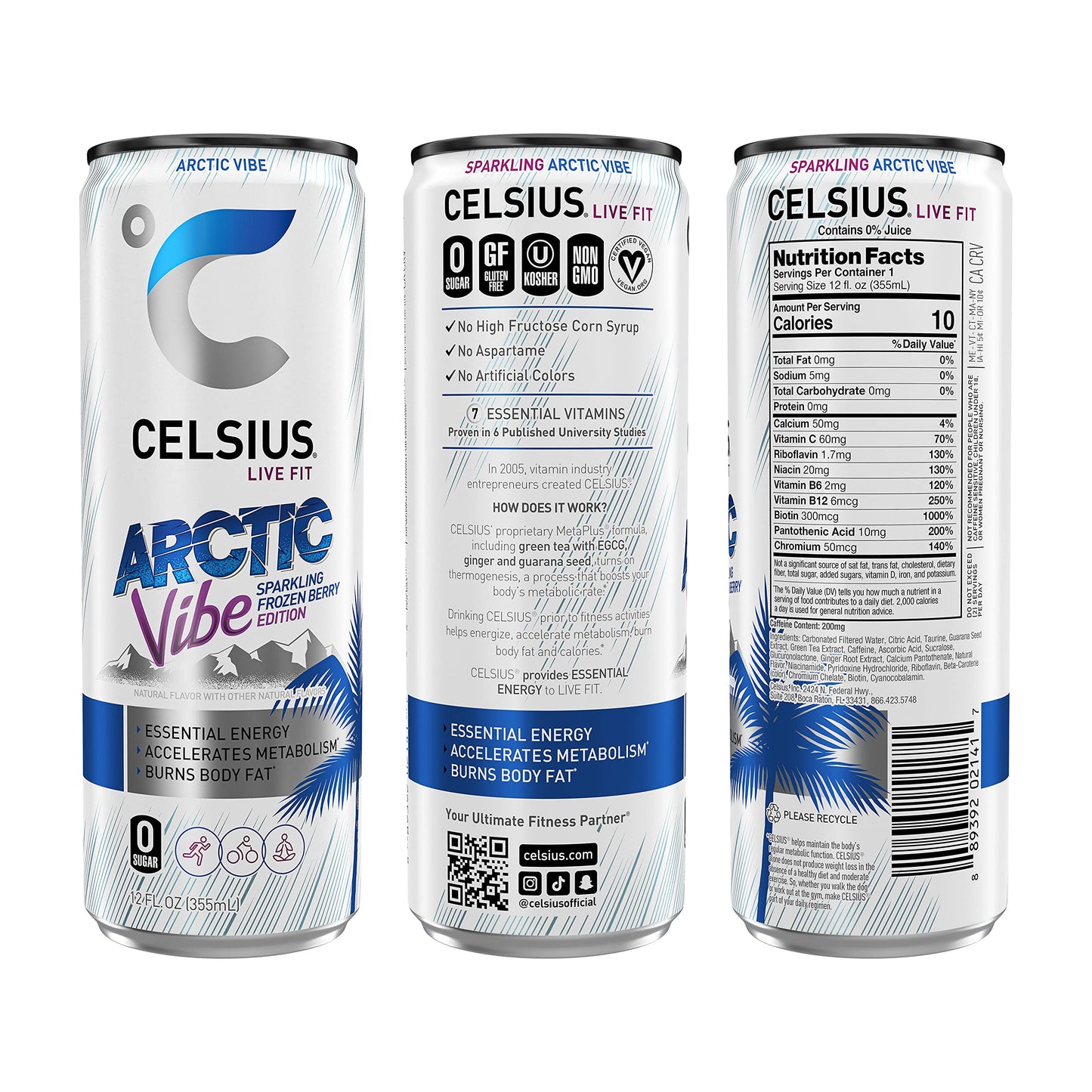 CELSIUS Sparkling Arctic Vibe, Functional Essential Energy Drink, 12 Fl Oz (Pack of 24)