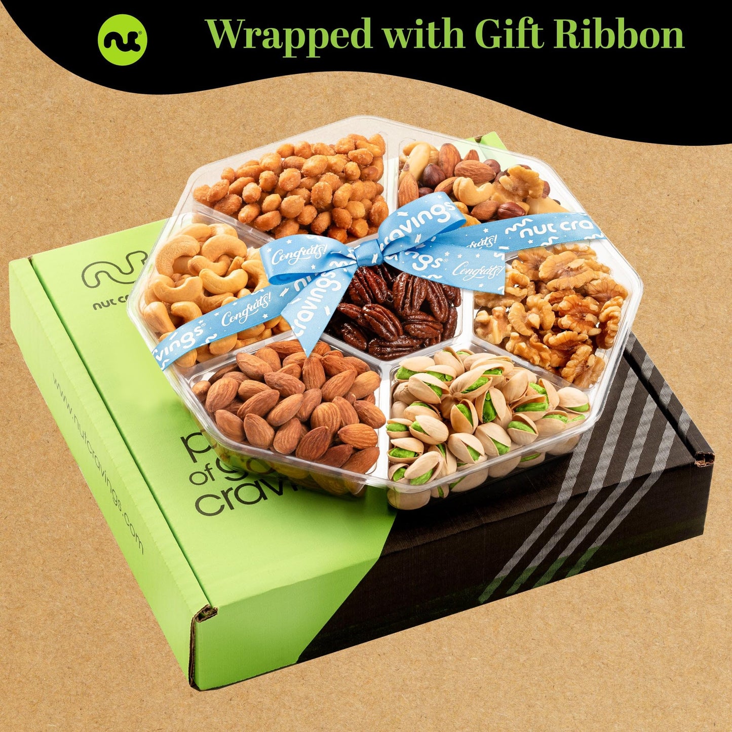 NUT CRAVINGS Gourmet Collection - Congratulations Nuts Gift Basket with Congrats Ribbon + Greeting Card (7 Assortments) Graduati