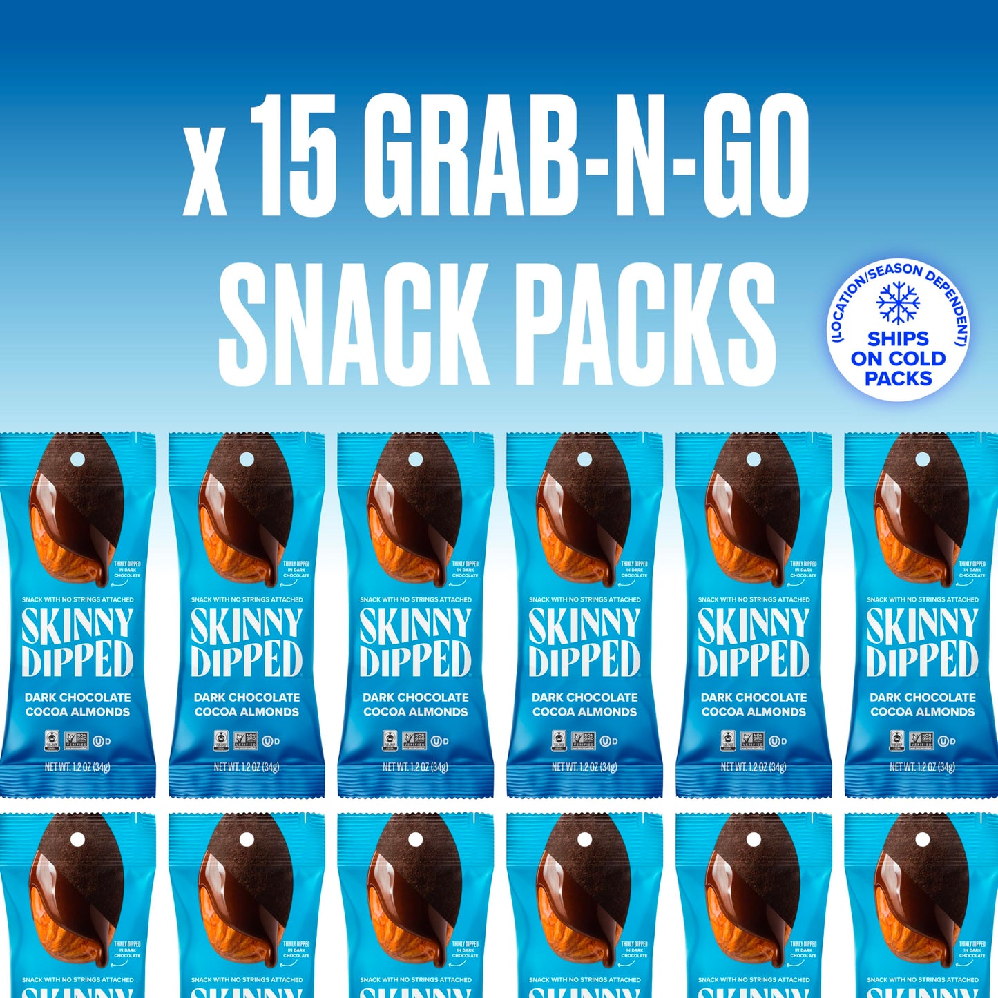 SkinnyDipped Dark Chocolate Cocoa Almonds, Chocolate Covered Almonds, Low Sugar, Gluten Free, Healthy Snack, 1.2 Ounce Bags (Pac