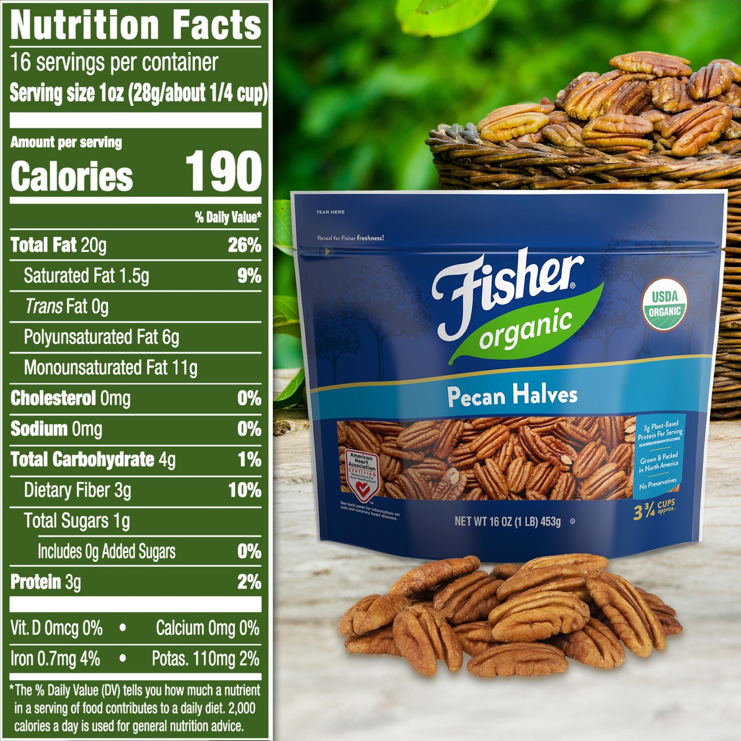 Fisher Organic Pecans Halves 16 oz  USDA Certified Organic  Unsalted Raw Pecans  North American Grown  Non-GMO  No Preservatives  Keto & Paleo Friendly  Heathy Snack for mature-themeds  Resealable Bag