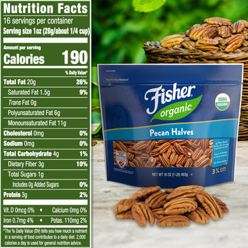Fisher Organic Pecans Halves 16 oz  USDA Certified Organic  Unsalted Raw Pecans  North American Grown  Non-GMO  No Preservatives  Keto & Paleo Friendly  Heathy Snack for mature-themeds  Resealable Bag