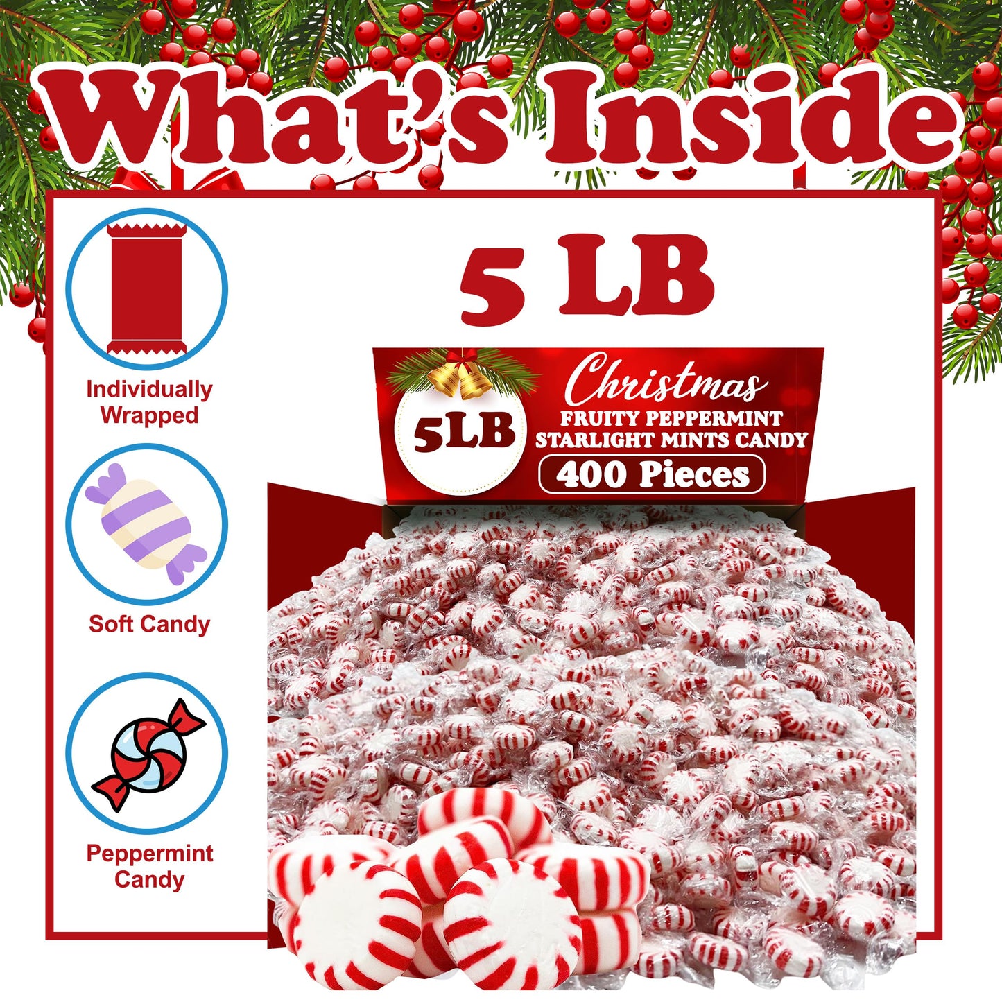Starlights Peppermint Candy Mints, 5 Lbs, Individually Wrapped Hard Candy Mints, Red & White Striped Mint Candy After Dinner Min