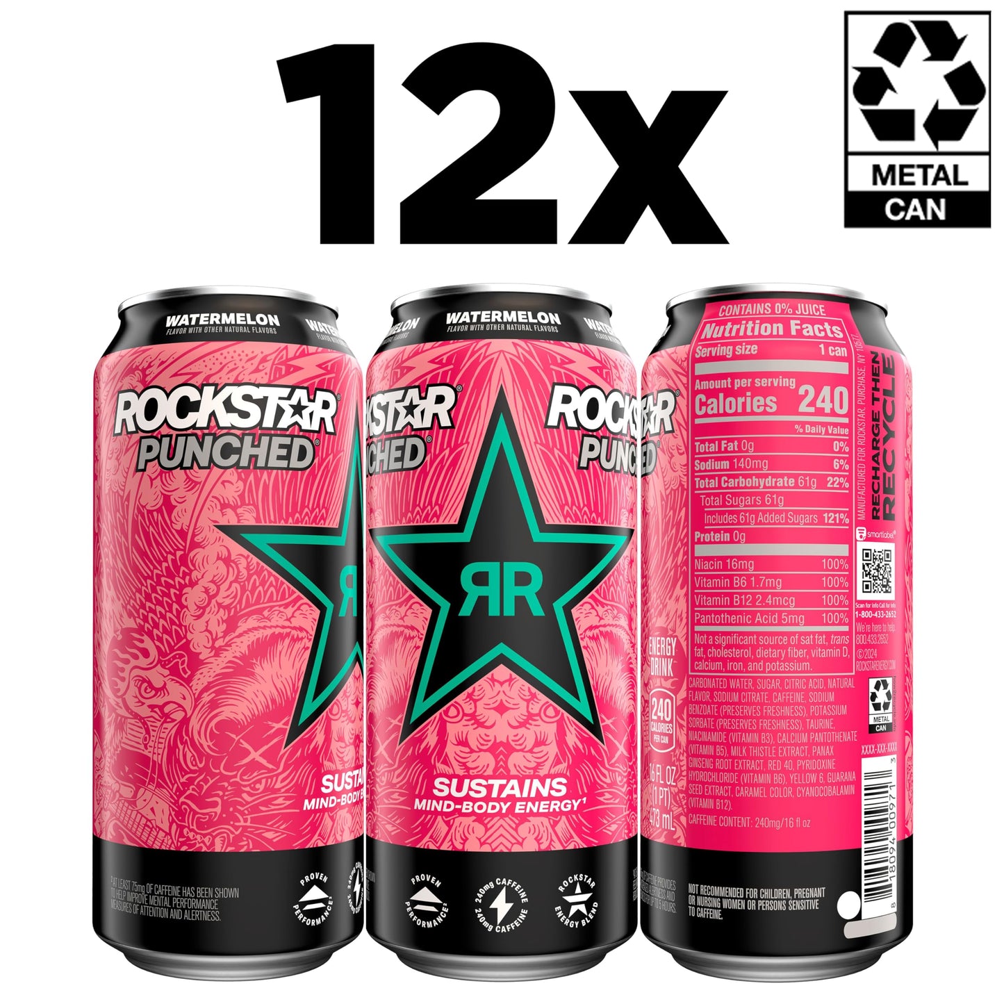Rockstar Energy Drink Punched Watermelon, 16oz Cans (12 Pack) (Packaging May Vary)