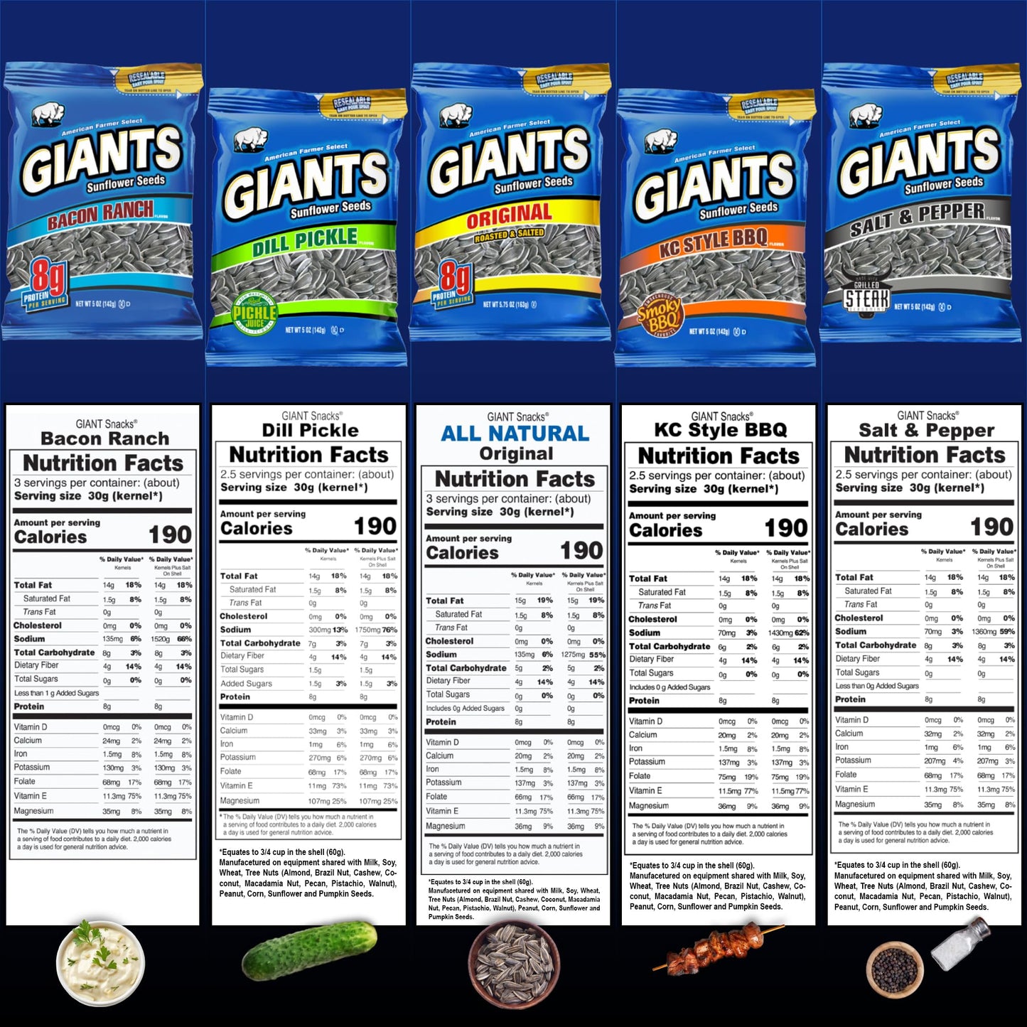 Giants Sunflower Seeds Variety Pack - Flavored Sunflower Seeds To Eat, Sunflower Seeds Bulk, Dill Pickle, Bacon Ranch, Salt & Pe