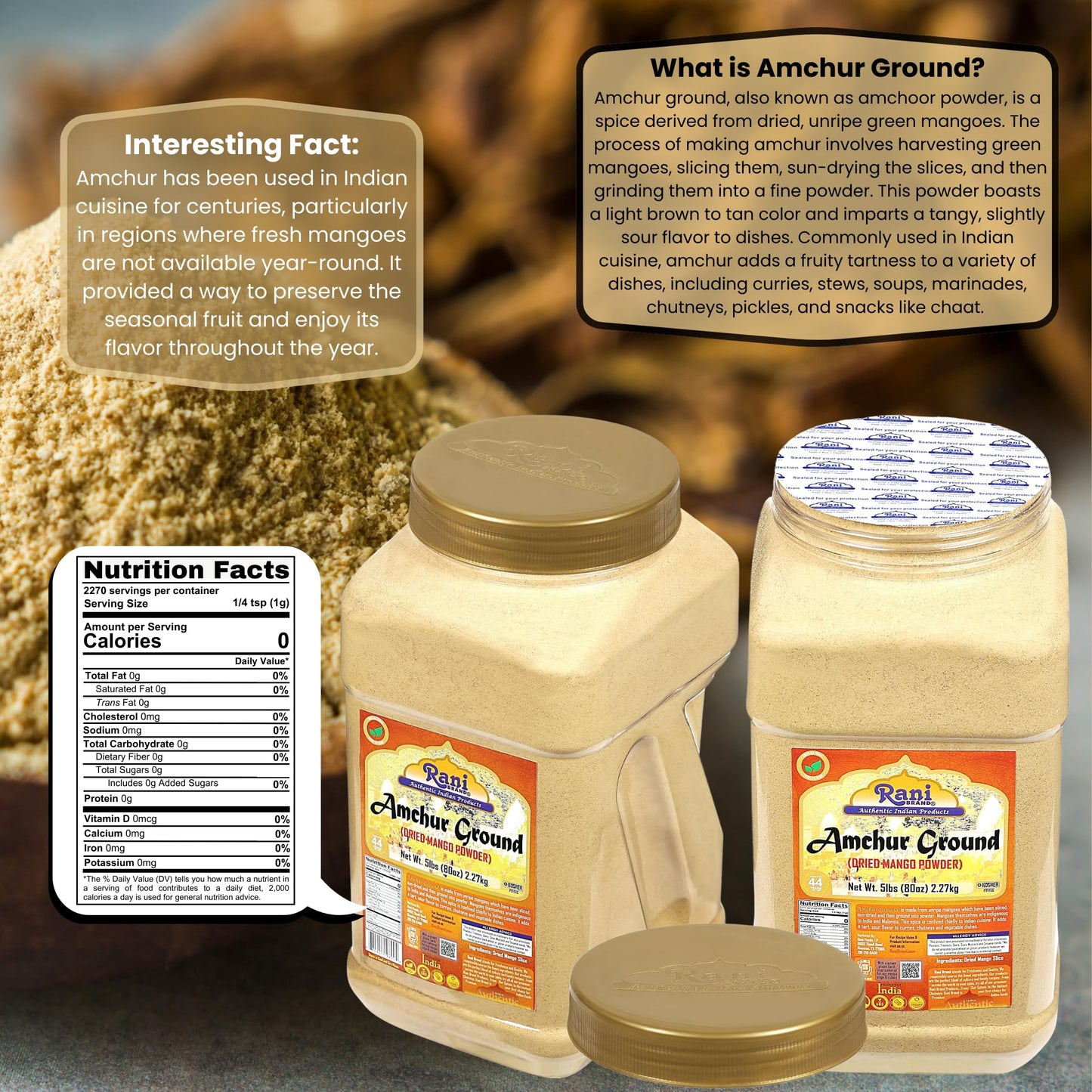 Rani Amchur (Mango) Ground Powder Spice 80Oz (5Lbs) 2.27Kg Bulk Pet Jar ~ All Natural, Indian Origin | No Color | Gluten Friendly | Vegan | Non-Gmo | Kosher | No Salt Or Fillers
