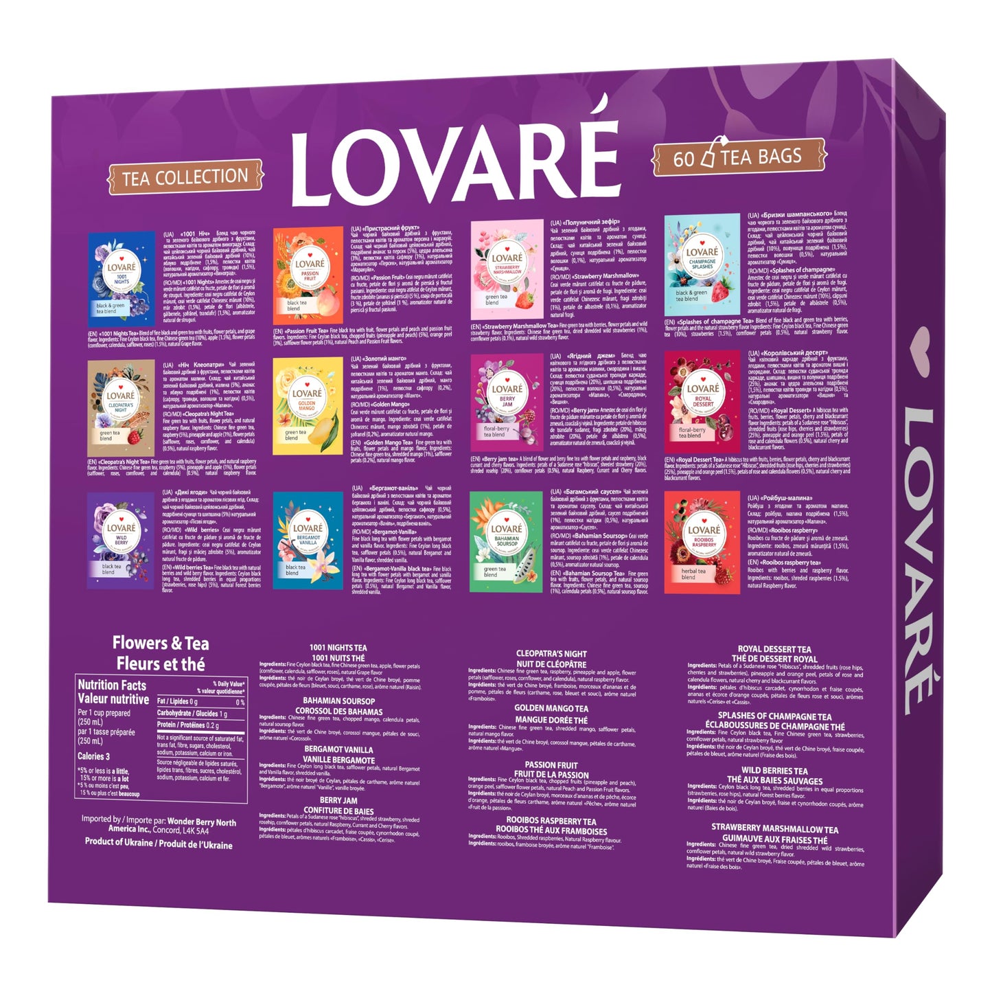 Lovare Tea Bags Variety Pack - Made In Ukraine - Black And Green, Floral Berry, Mixed Blend Assorted Collection - Tea Sampler - Gift Sets For Tea Lovers (60 Bags - 12 Tastes)