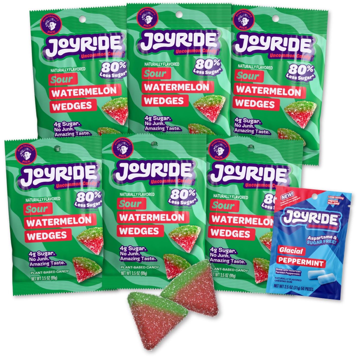 JOYRIDE Sour Watermelon Gummies 3.5 oz 6-Pack Bundle with Glacial Peppermint Gum, Low Sugar, Healthy Candy