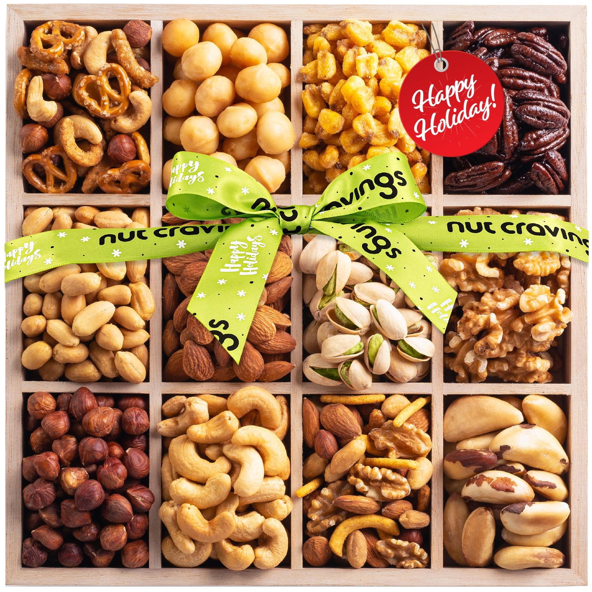 Nut Cravings Gourmet Nuts Gift Basket - 12 Assortments, Happy Holiday - Reusable Wooden Tray