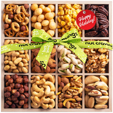 Nut Cravings Gourmet Nuts Gift Basket - 12 Assortments, Happy Holiday - Reusable Wooden Tray