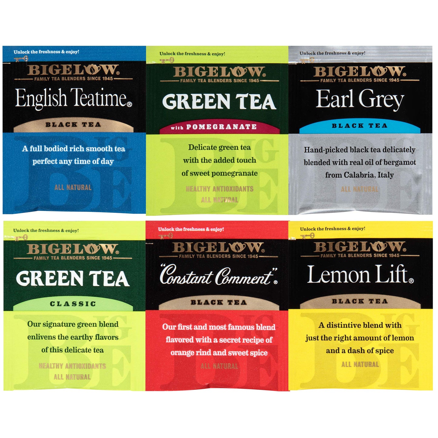Bigelow Assorted Tea Packs, Six Flavors, 28/Box, 168/Carton