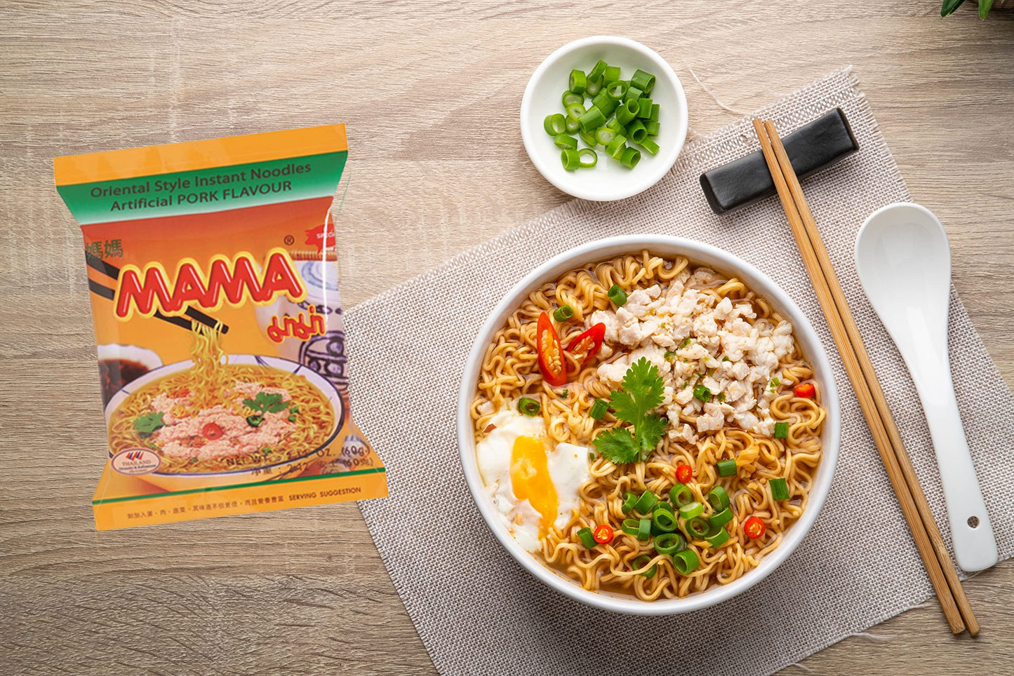 Mama Ramen Style Instant Oriental Noodles Variety 30 Pack, Chicken, Pork, Creamy Shrimp