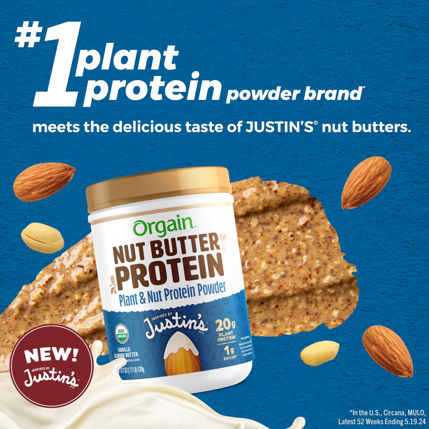 Orgain X Justins  Organic Vegan Nut Butter Protein Powder, Vanilla Almond Butter- 20g Plant Protein, 1g Sugar, Gluten Free, No