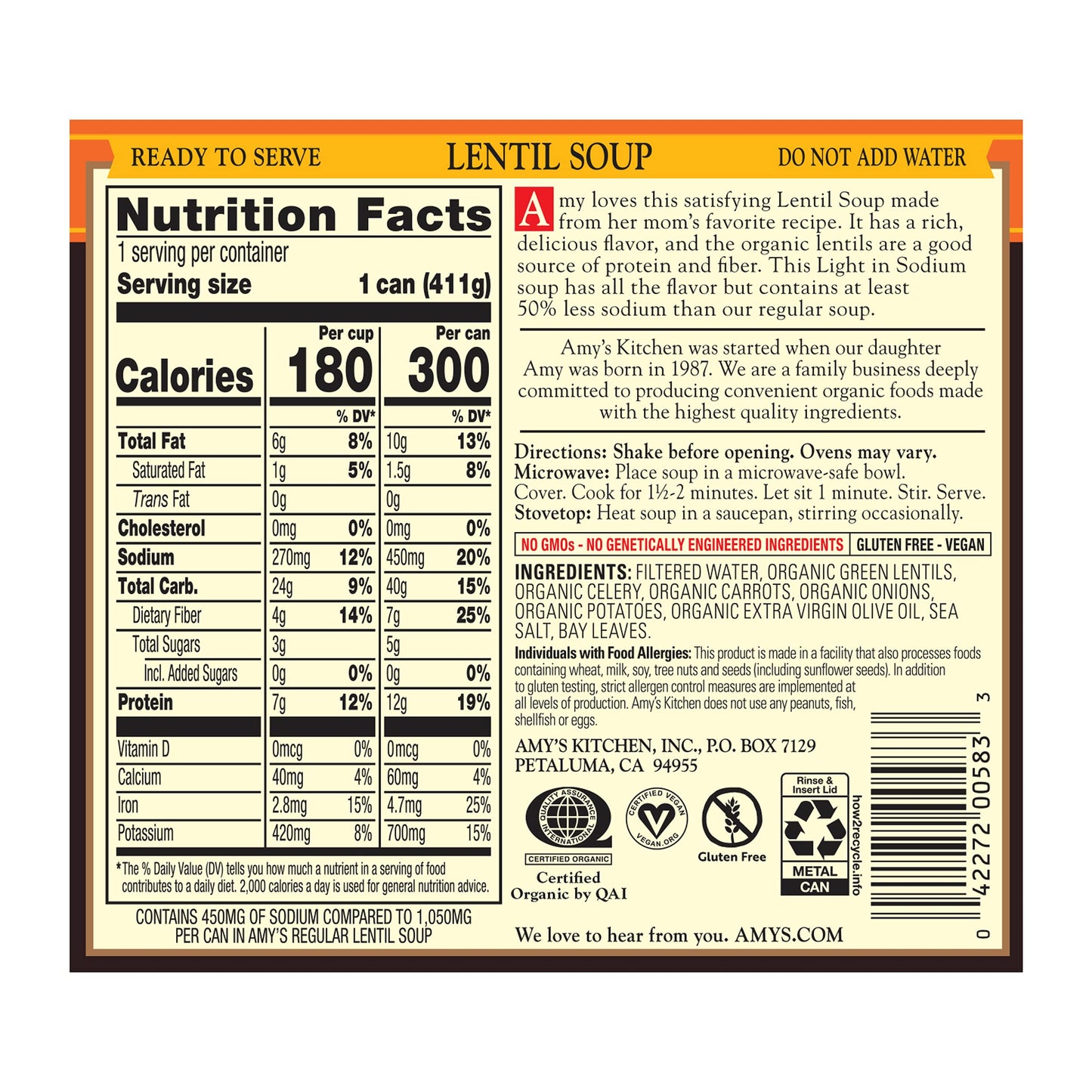 Amys Soup Lentil Gf Ls, 14.5 Oz, Pk- 12