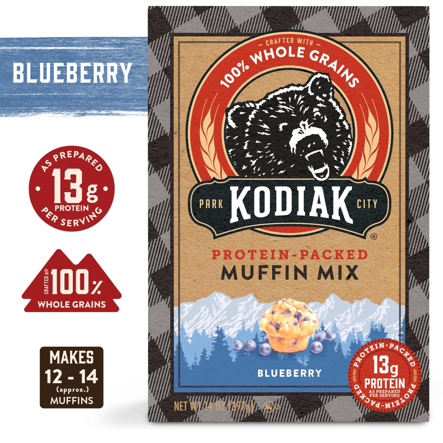 Kodiak Cakes Muffin Mix, Blueberry, 14 Ounce, Pack of 6, Natural