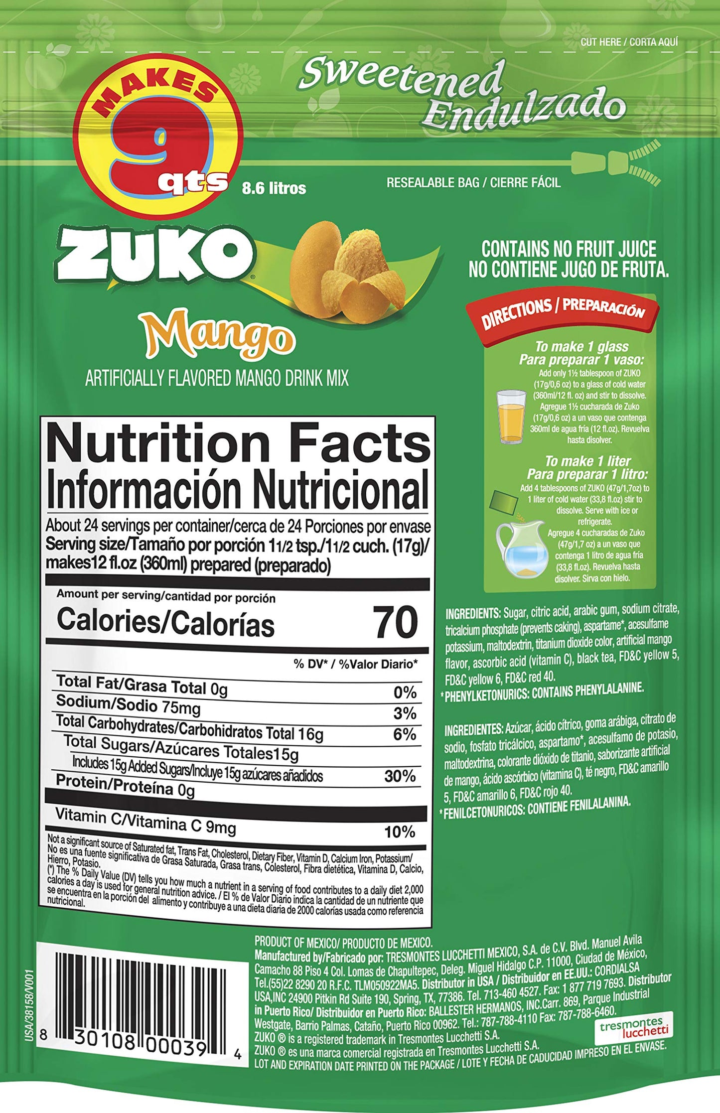 Zuko Mango Instant Powder Drink | Family Pack | No Sugar Needed | Vitamin C | 14.1 Ounce (Pack of 2)