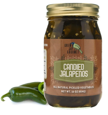 Green Jay Gourmet Pickled Candied Jalapeos in a Jar - Fresh Hand Jarred Vegetables for Cooking & Pantry - Home Grown Pre-Prepare