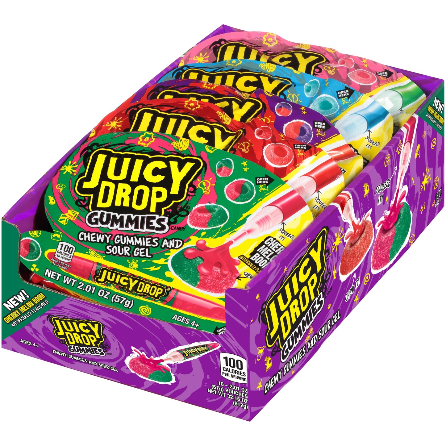 Juicy Drop Gummies Variety Pack, Assorted Sweet Chewy Halloween Candy with Sour Gel Pen - 16 Count Sweet & Sour Candy with Fruit