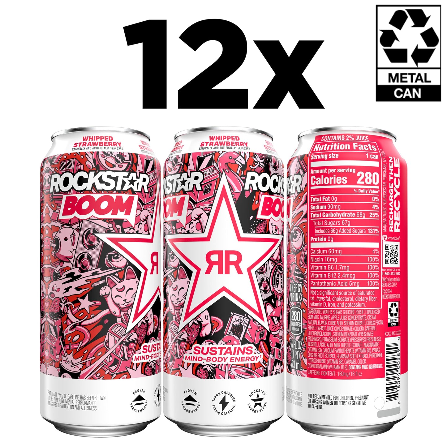 Rockstar Boom Energy Drink, Whipped Strawberry, 16 Fl Oz (Pack of 12), Model 00012000240416