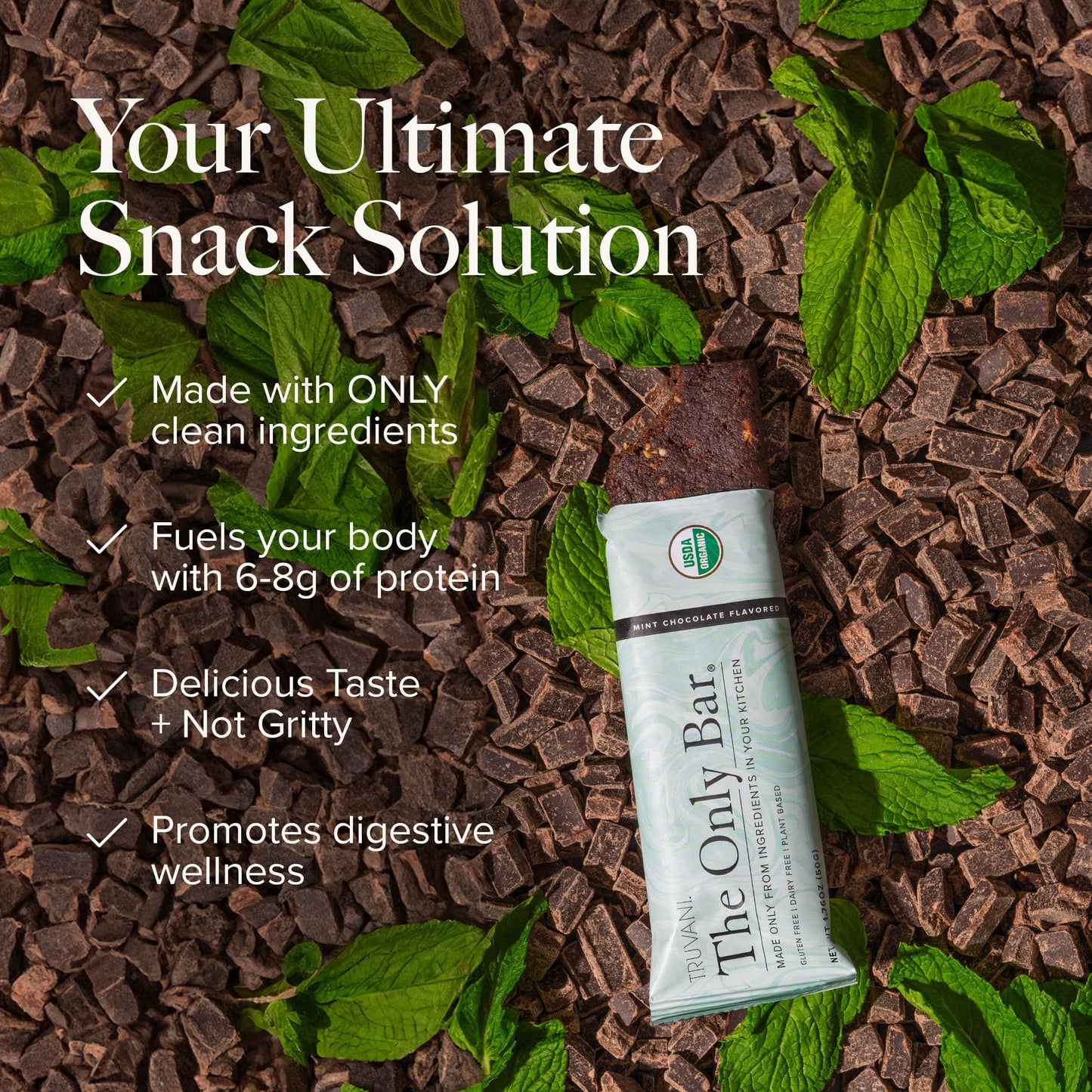 Truvani Plant Based Snack Bars | Chocolate Mint 12 Pack | 7g Protein | USDA Organic and Vegan | The Only Bar | Dairy, Soy, and G