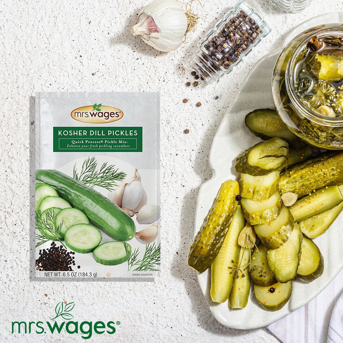 Mrs. Wages Kosher Dill Pickles Quick Process Mix, Quick and Easy, Simple-To-Use, Traditional Pickle Flavoring, Enhance Your Pick
