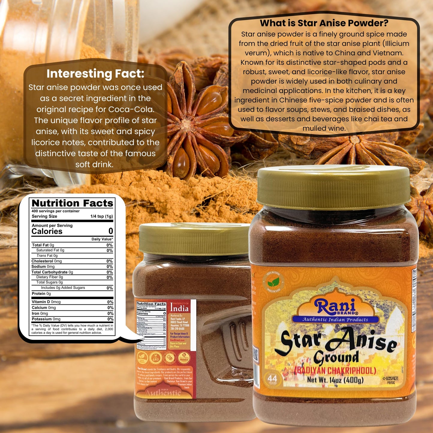 Rani Star Anise Powder (Badian Khatai) Ground Spice 14Oz (400G) Pet Jar ~ All Natural | Gluten Friendly | Non-Gmo | Kosher | Veg