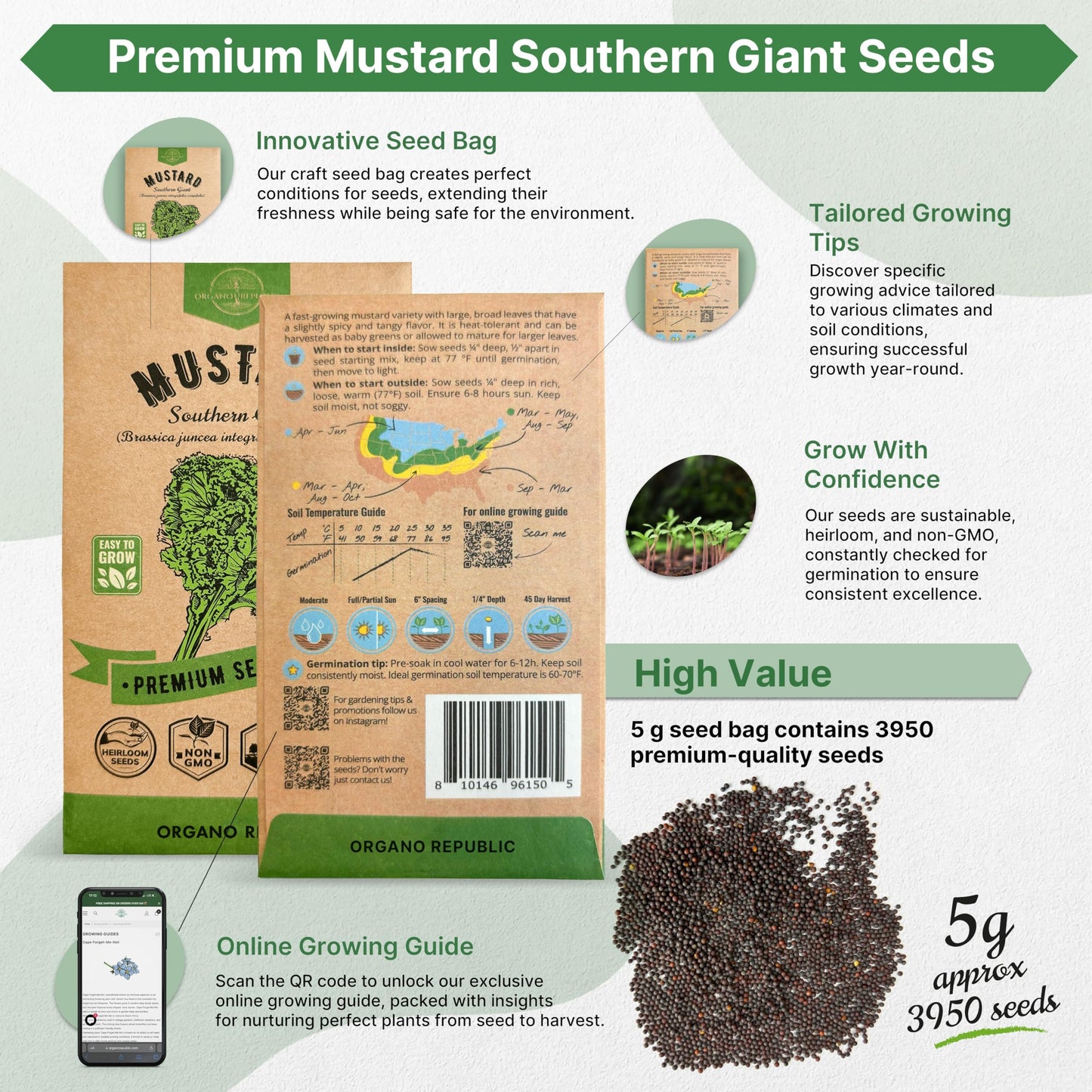Organo Republic Mustard Southern Giant Seeds Pack 5 G - Over 3,950 Non-Gmo Heirloom Mustard Seeds For Planting Greens In Individ