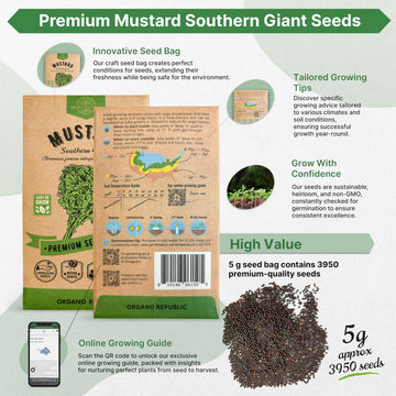 Organo Republic Mustard Southern Giant Seeds Pack 5 G - Over 3,950 Non-Gmo Heirloom Mustard Seeds For Planting Greens In Individ
