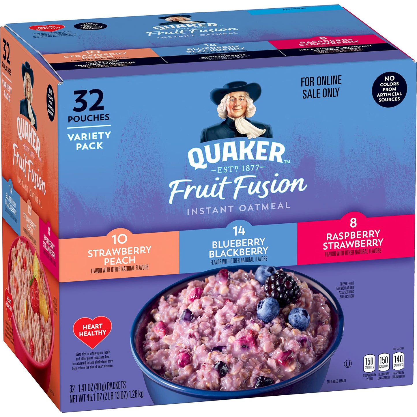 Quaker Instant Oatmeal, Fruit Fusion, 3 Flavor Variety Pack, 1.41Oz Packets (32 Pack)