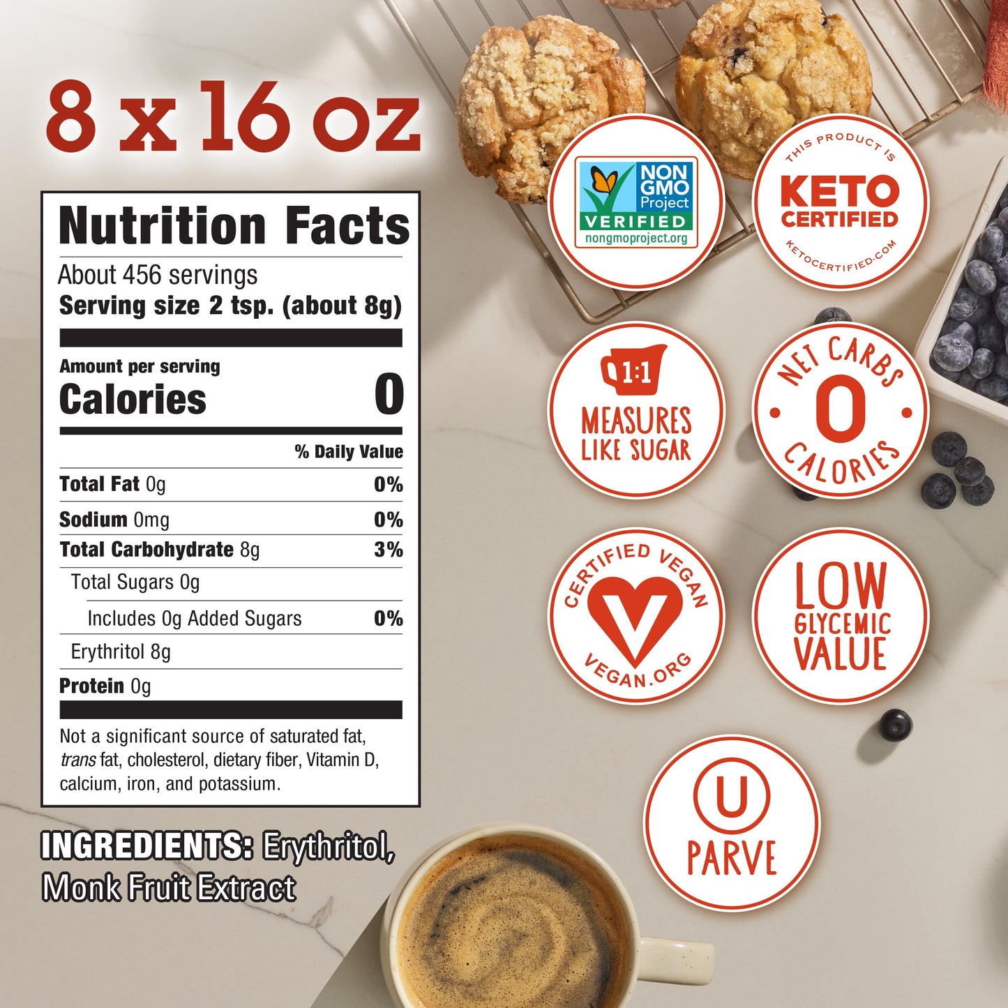 MONK FRUIT IN THE RAW, 16 oz Baker s Bag, Pack of 8, Natural Monk Fruit Sweetener w/ Erythritol, Sugar-Free