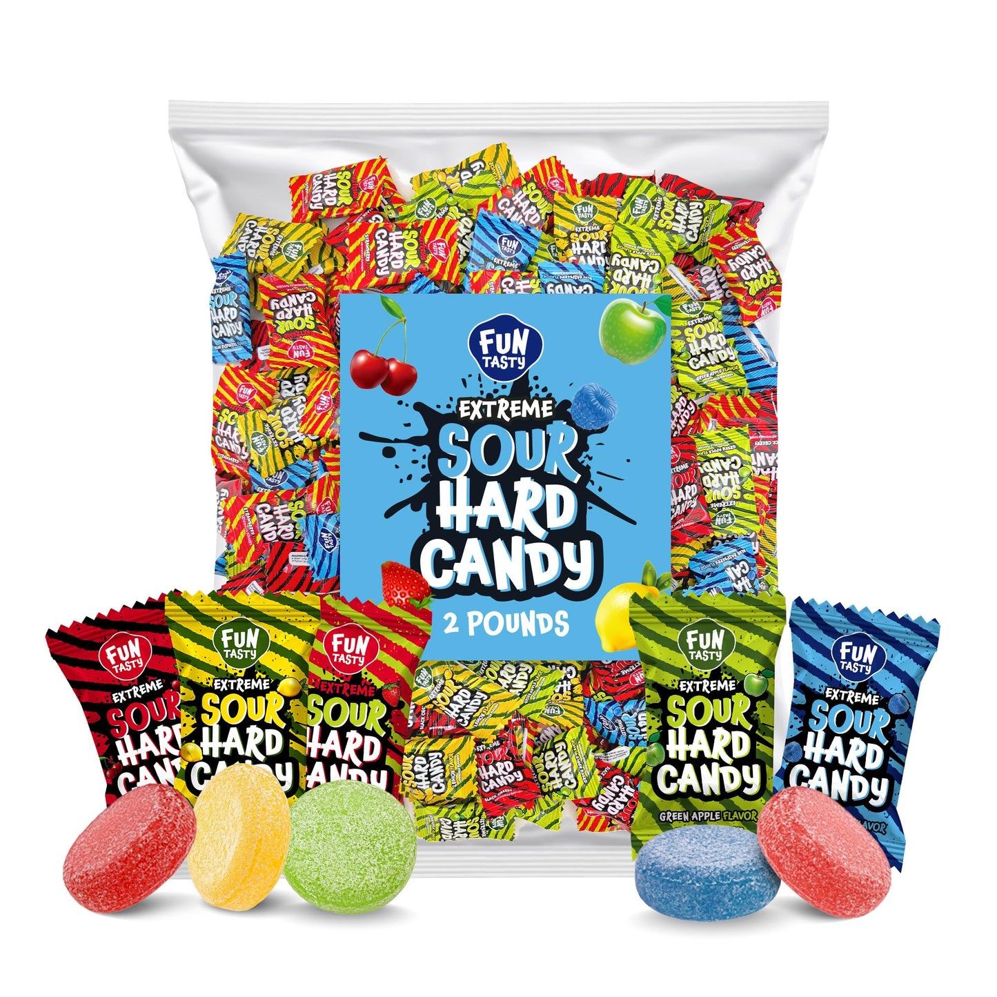 Funtasty Extreme Sour Hard Candy Mix - 2 Pound Bulk Pack (About 300 Count) - Strawberry, Blue Raspberry, Black Cherry, Lemon, Gr