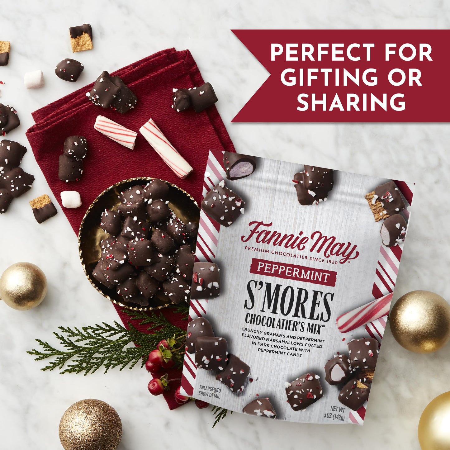 Fannie May, Enhanced Dark Chocolate, Smores Peppermint Snack Mix, Holiday Gift Bag, 5 Oz