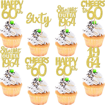30Pcs Happy 60Th Birthday Cupcake Toppers Gold Glitter Sixty Straight Outta 1964 Cupcake Picks Cheers To 60 Years Cake Decoratio