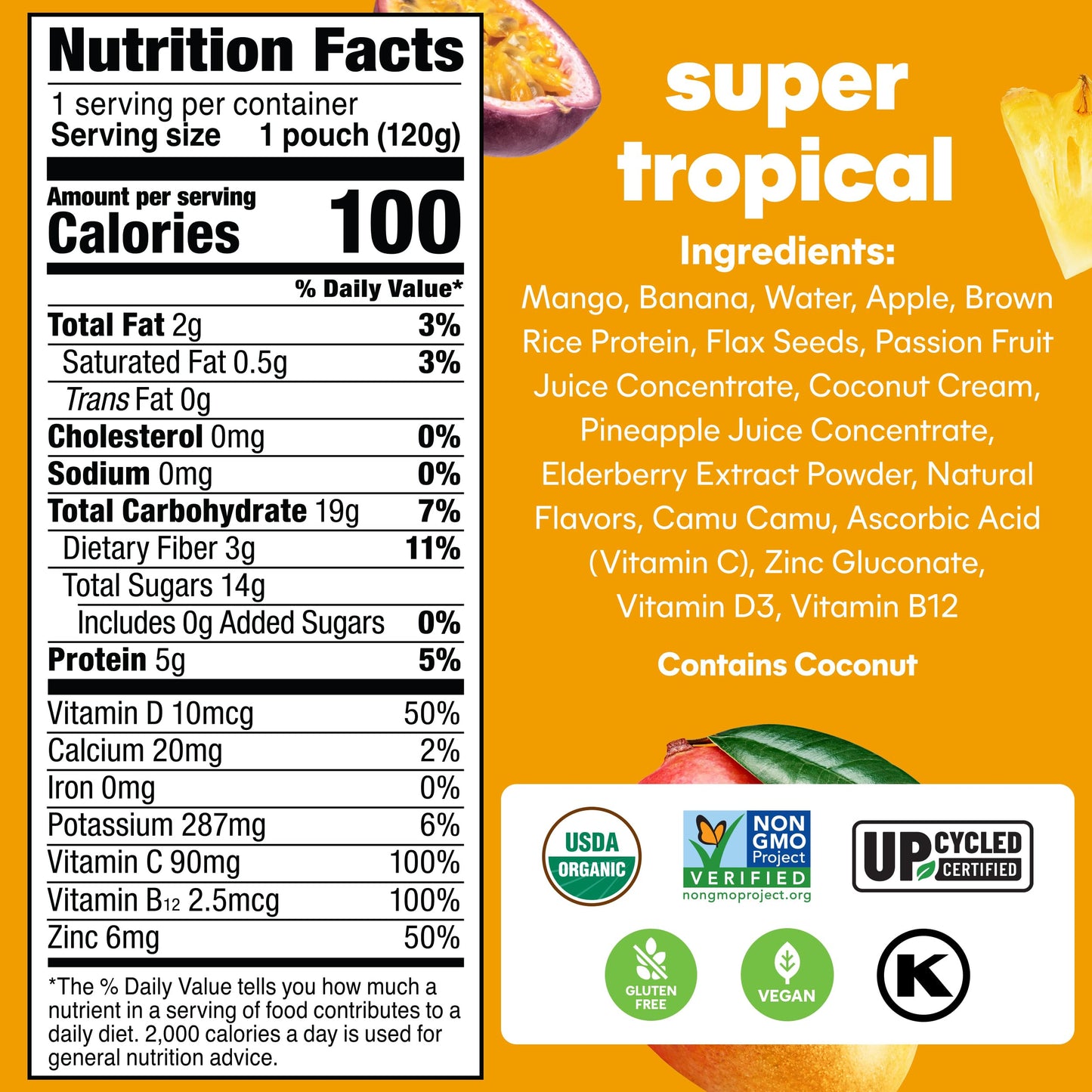 Noka Superfood Fruit Smoothie Pouches, Super Tropical With Immune Support, Healthy Snacks With Elderberry, Vitamin C, Flax Seed