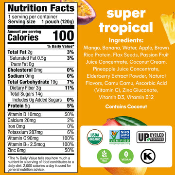 Noka Superfood Fruit Smoothie Pouches, Super Tropical With Immune Support, Healthy Snacks With Elderberry, Vitamin C, Flax Seed