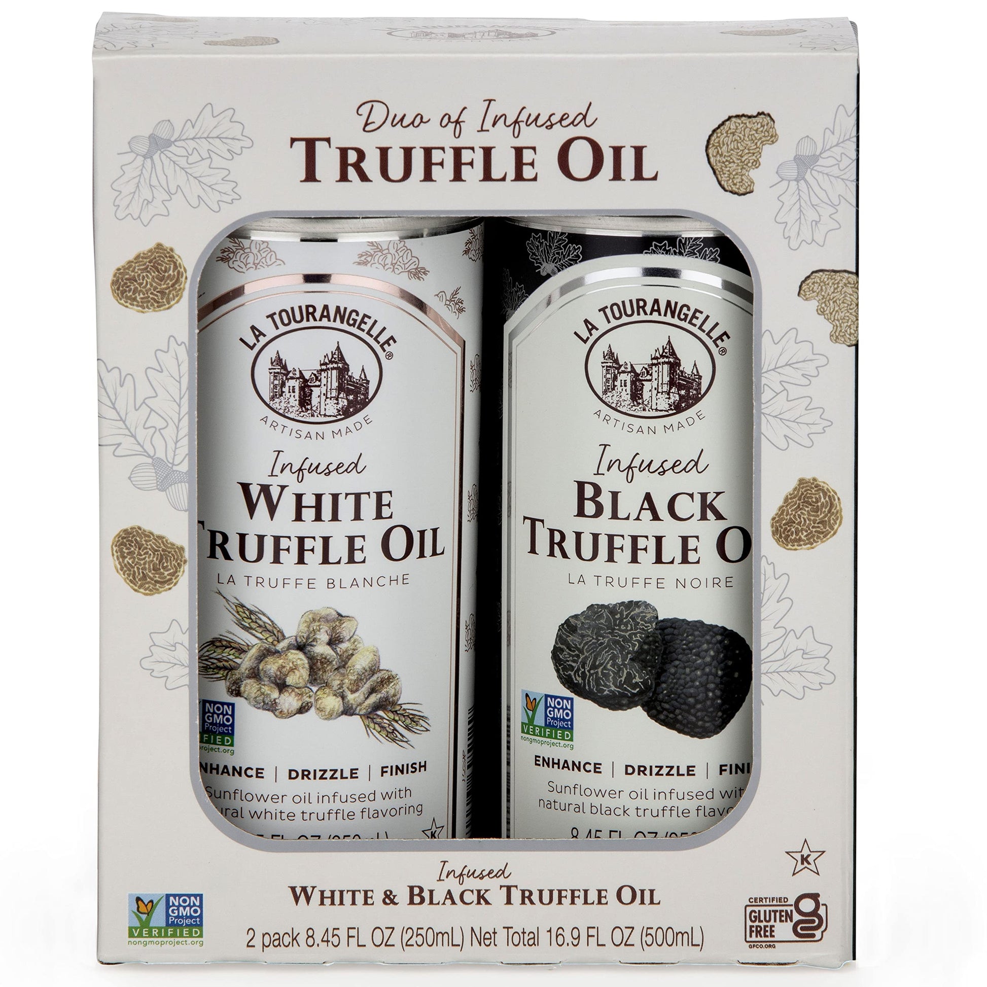 La Tourangelle White Truffle Oil & Black Truffle Oil Set, Complex Gourmet Earthy Flavor For Drizzling Over Pasta, Popcorn, Vegetables, Potatoes, Soup And More, Gift Box, 8.45 Fl Oz Each (Set Of 2)
