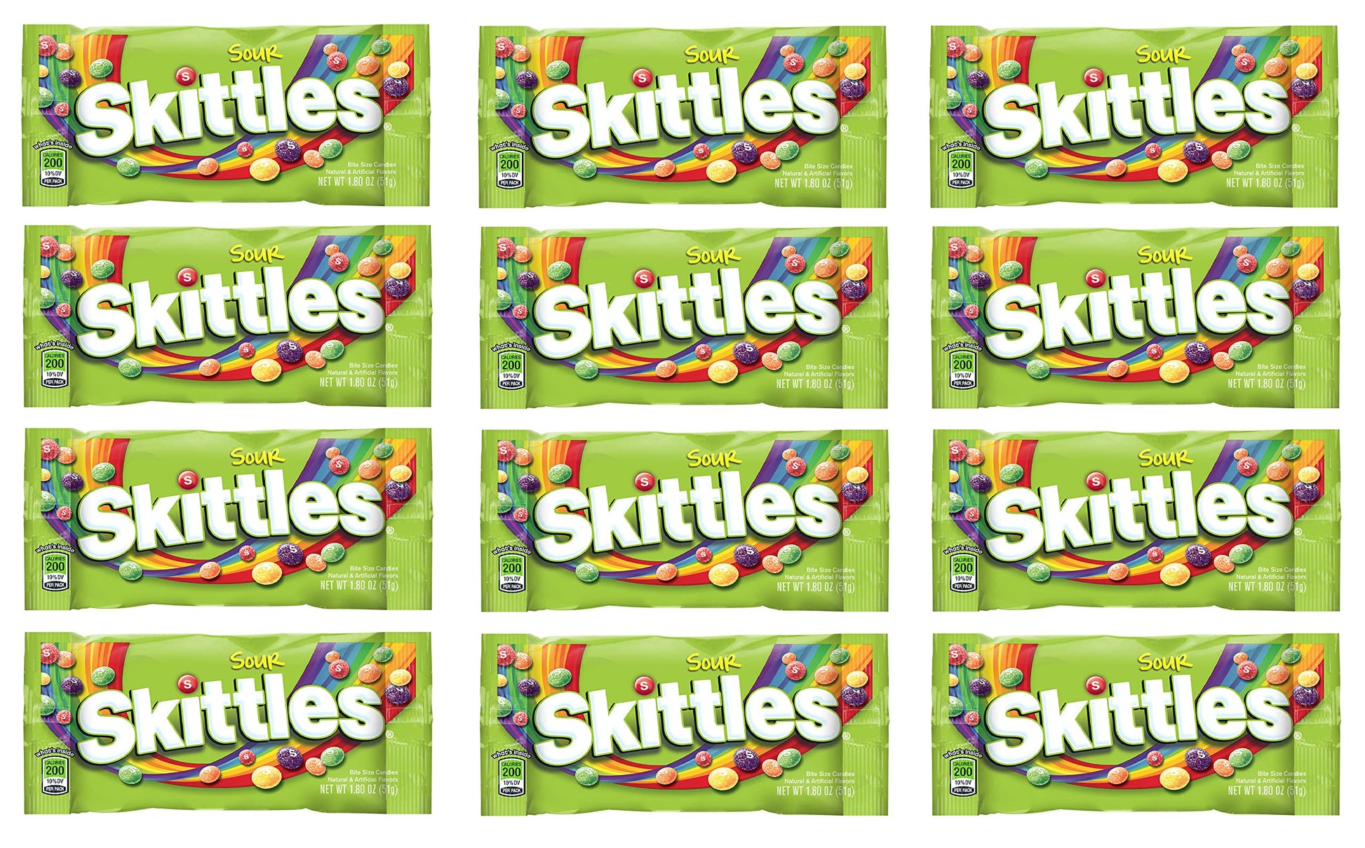 Skittles - Original, Wild Berry, Tropical, Smoothies, Sour, Brightside, All Lime - Full Size, Bite Size Candy, Individual Packs - Great For Holidays, Parties, Gifts & More ! (Sour - 1.8 Ounce, 12 Count)
