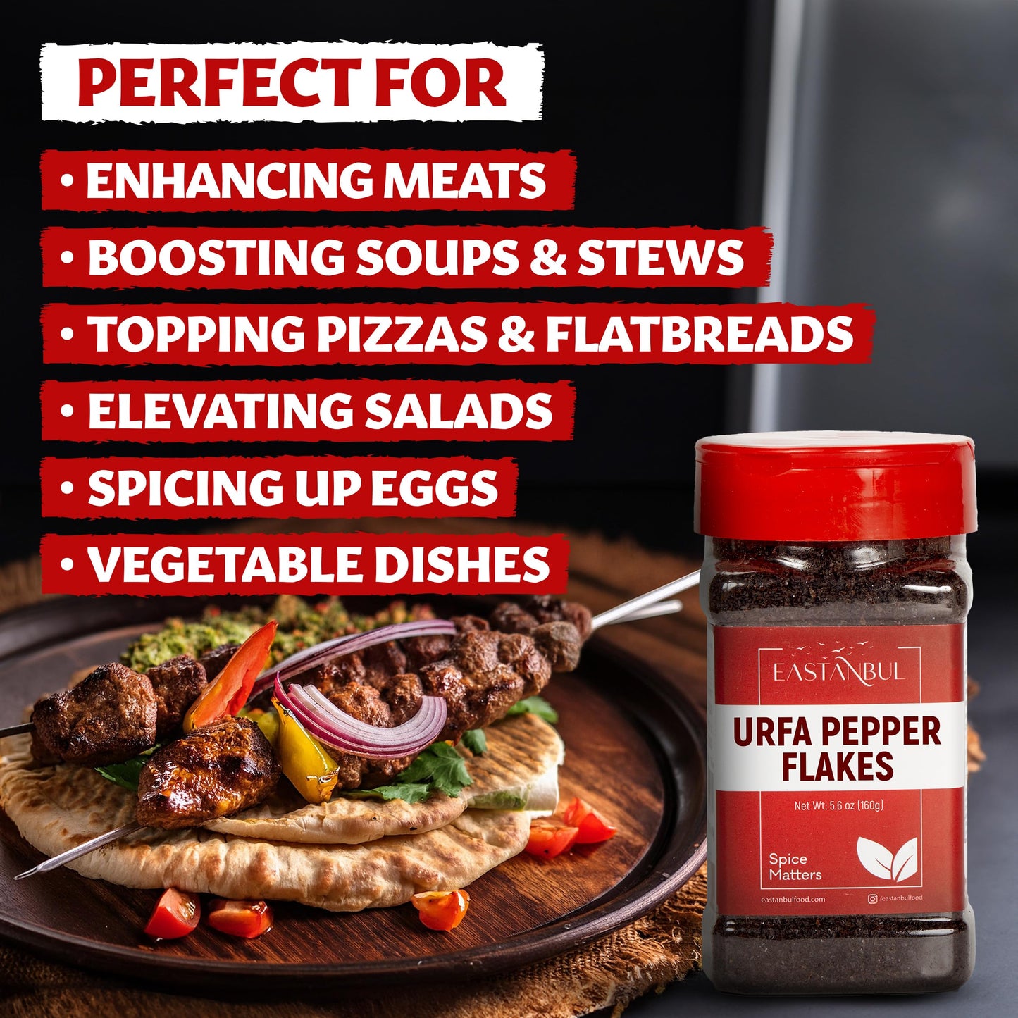 Eastanbul Urfa Biber Pepper Flakes, Mild-Moderately Hot, 5.6oz (160g), Blackish-Red Turkish Spice for Cooking & Seasoning