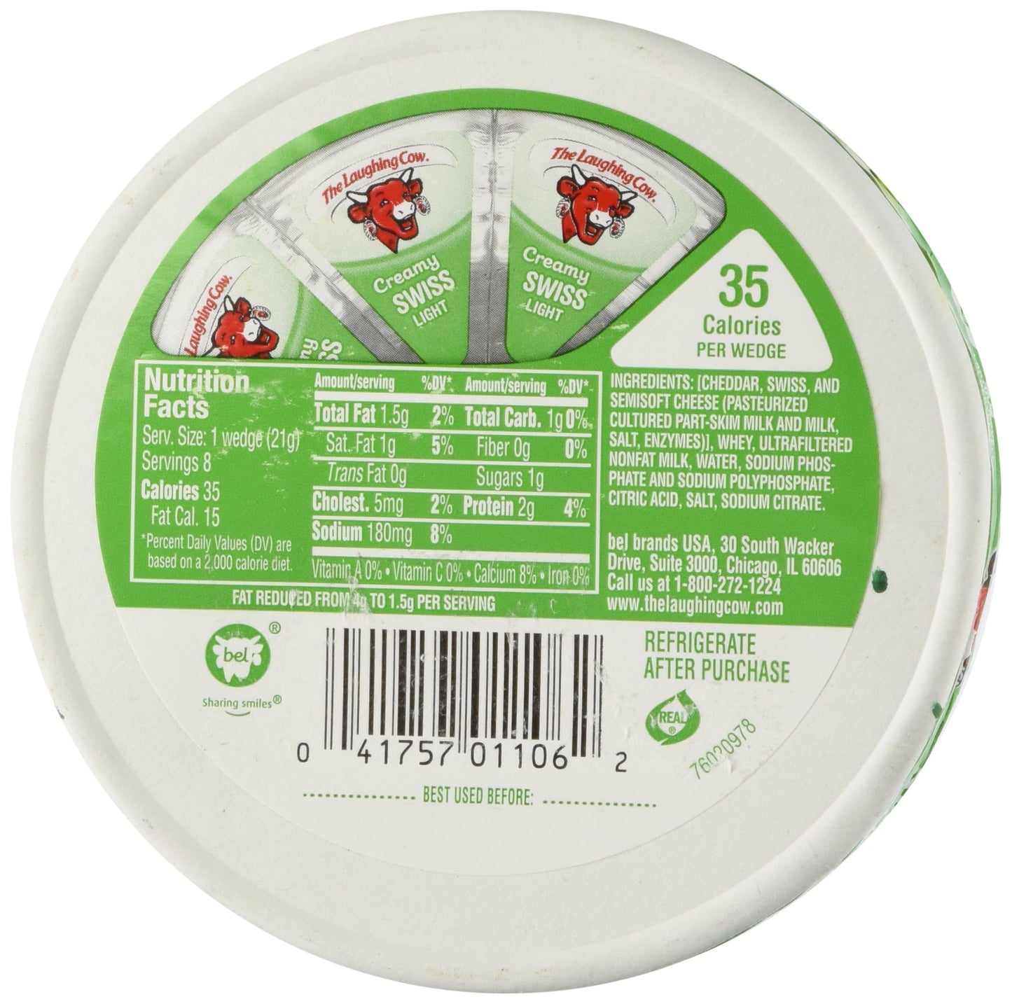 Laughing Cow Spreadable Cheese Wedges Light, 8 Pieces, 0.75 oz each, Total 6 oz (171 g)