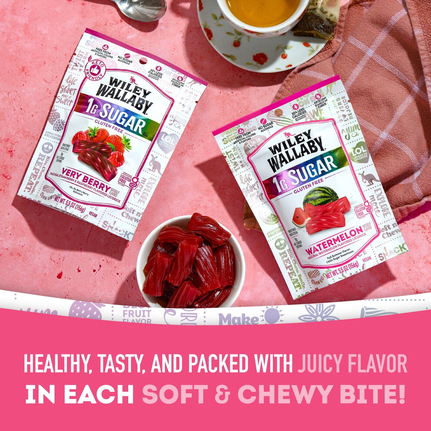 Wiley Wallaby Low Sugar Gluten Free Licorice | Soft Chewy Licorice | Watermelon and Very Berry Flavors | 5.5 Ounce | 4 Pack
