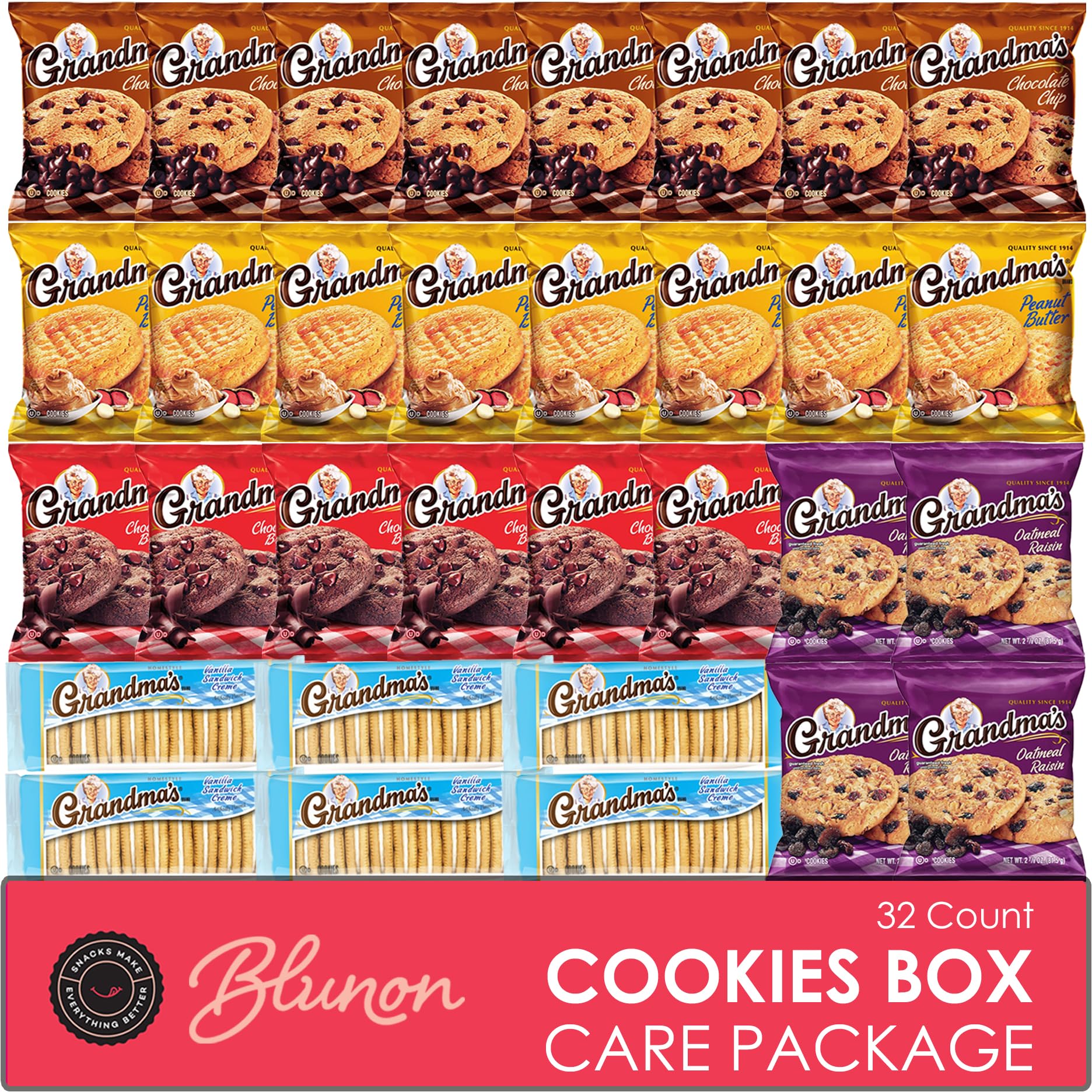 Grandma's Cookies Variety Pack - Bulk Assortment Care Package Individually Wrapped - Mix Cookies Variety Pack Gift Box (32 Count