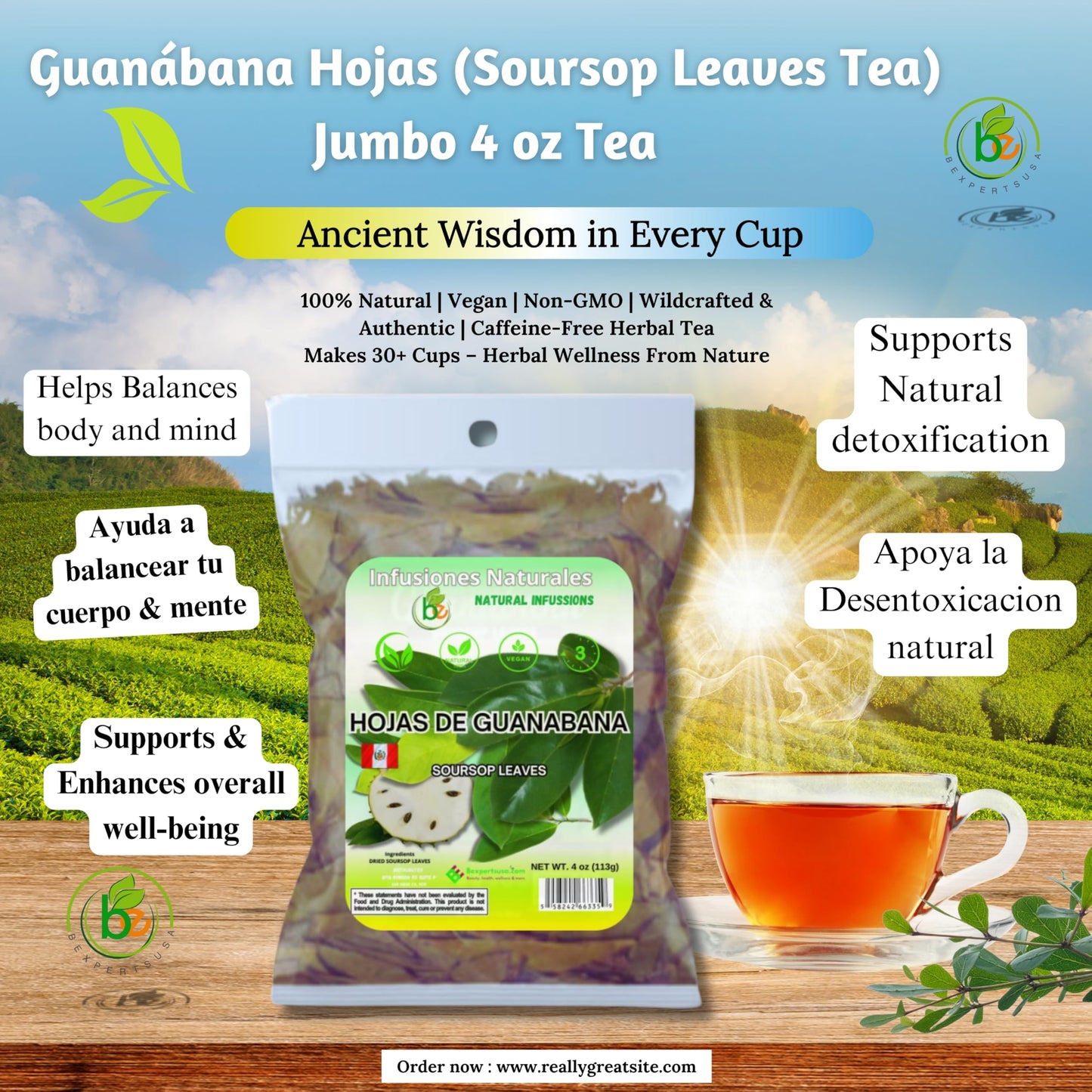 B-Experts Soursop Leaves Tea – 100% Natural, Vegan, Non-GMO – Jumbo 4 oz – Caffeine-Free Herbal Tea – Makes 30+ Cups
