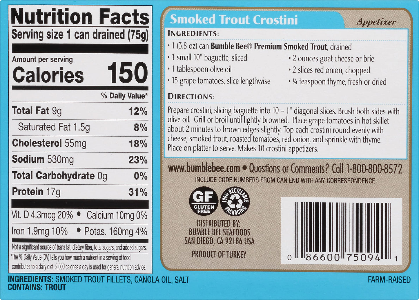 Bumble Bee Skinless & Boneless Smoked Trout Fillets, 3.8 oz Cans, Pack of 12, 17g Protein, Gluten Free Snack