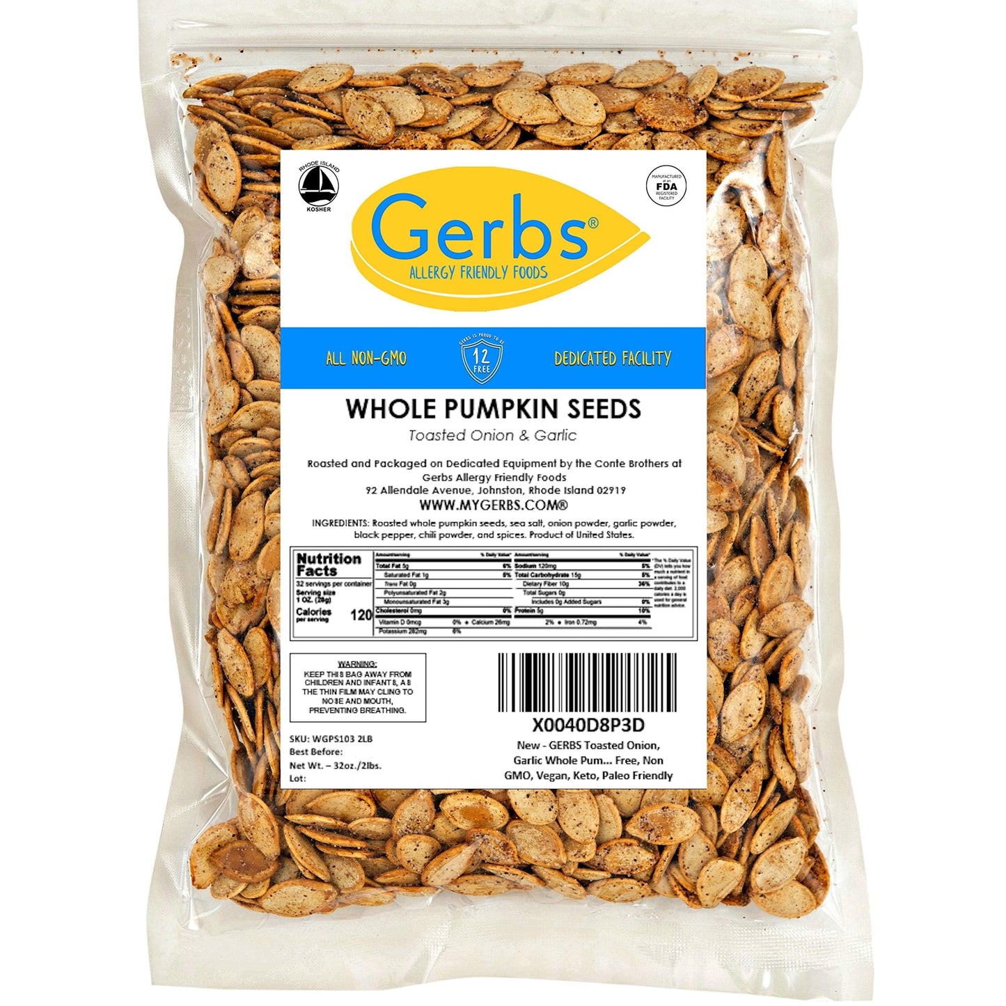Gerbs Toasted Onion & Garlic Whole Pumpkin Seeds 2 lbs. | Small Batch Roasted, In-Shell, 10.5 mm Size, Resealable Bag | Bold & S