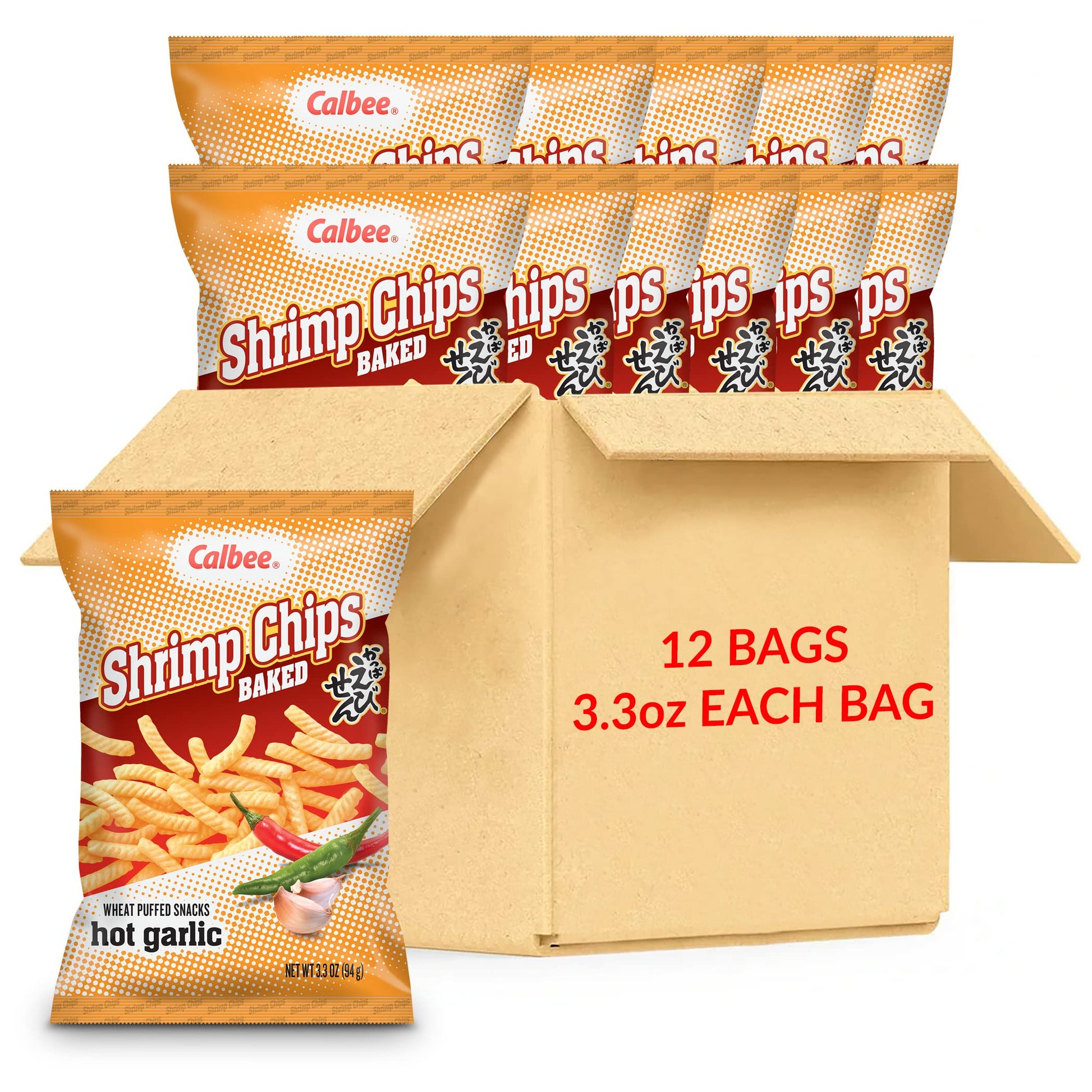 Calbee Shrimp Chips, Hot Garlic Flavor, 12 Pack, 4.0 oz Total, Baked Crunchy Snack