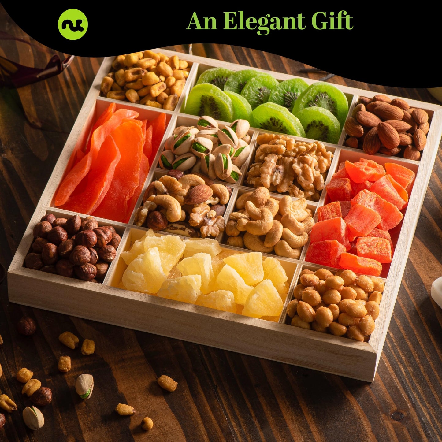 Nut Cravings Gourmet Collection - Happy Birthday Treats, Dried Fruit & Mixed Nuts Gift Basket With Bday Ribbon In Reusable Woode