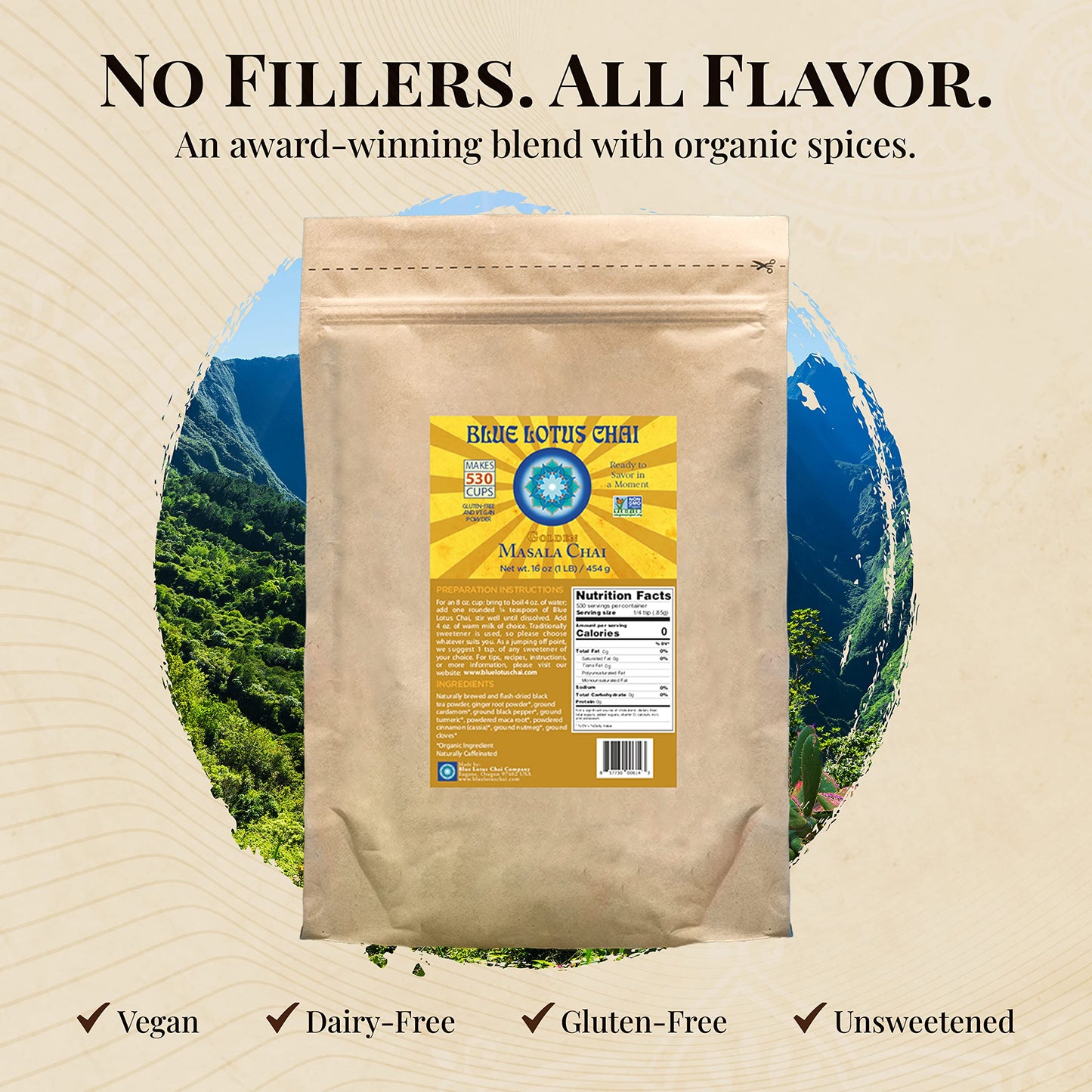 Blue Lotus Chai - Golden Masala Chai - Makes 530 Cups - 1 Pound Bulk Bag Masala Spiced Chai Powder With Organic Spices - Instant